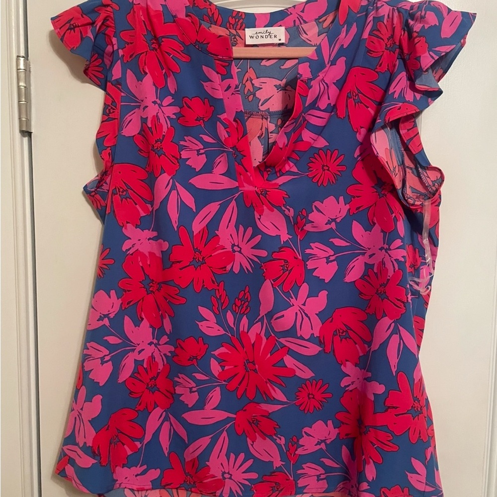 Wonderly Women's Floral Ruffle Blouse - Pink and Blue